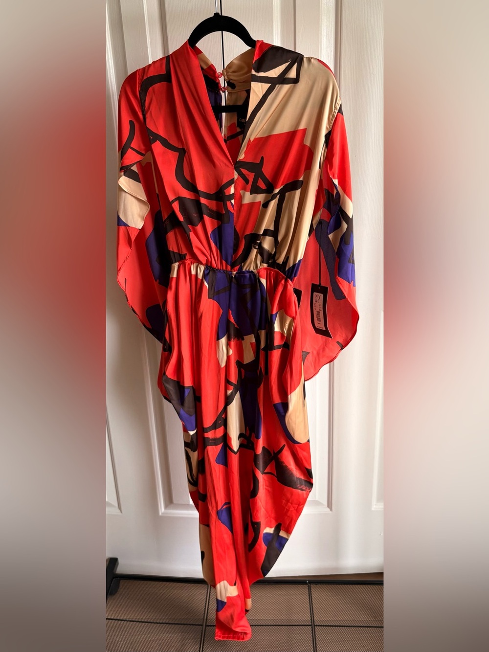 New York & Company Red Abstract Print Jumpsuit with Blue & Beige Accents